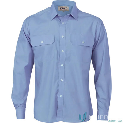 Light blue long-sleeved work shirt for uniforms and workwear in the DNC PolyCotton line