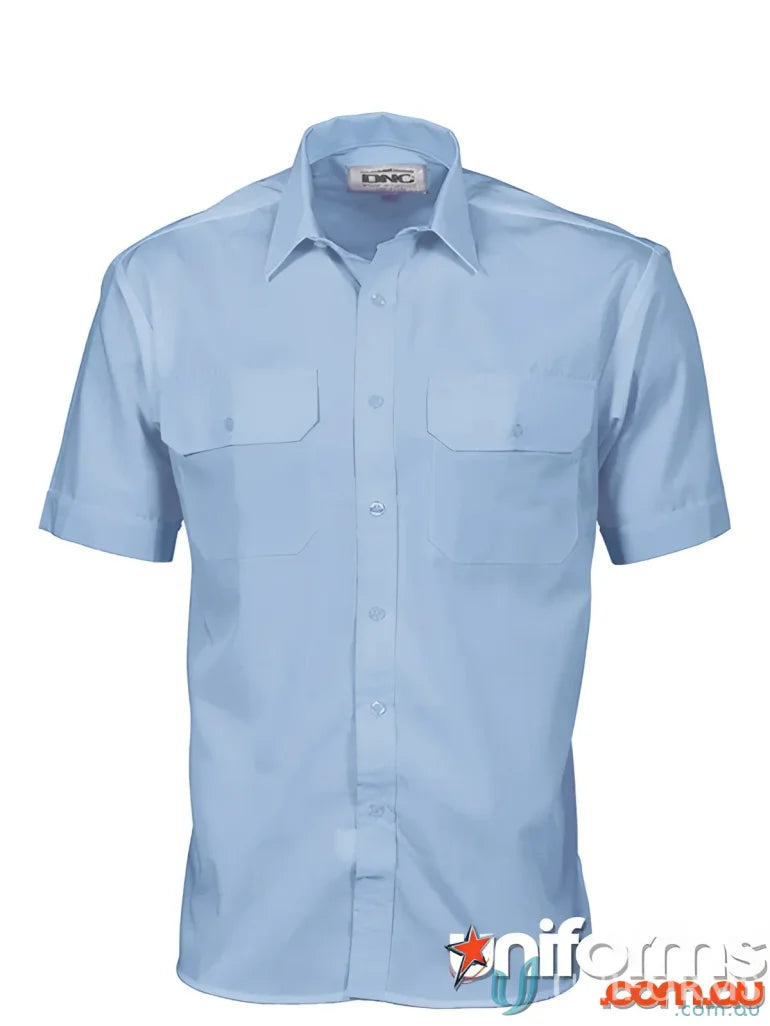 Light blue short-sleeved work shirt for uniforms and workwear from DNC PolyCotton