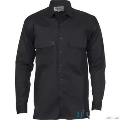Black long-sleeved button-down shirt from DNC Three Way Breeze Shirt, perfect for workwear and uniforms