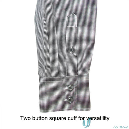 Close-up of Dominion Mens LS Shirts cuff with checked pattern and cool dry technology
