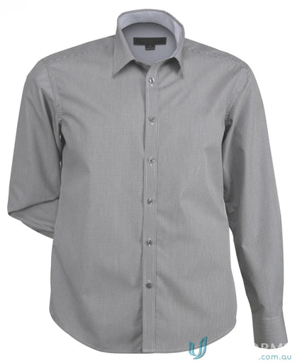 Dominion Mens LS Shirts in gray with checked pattern, featuring cool dry® tech for quality workwear