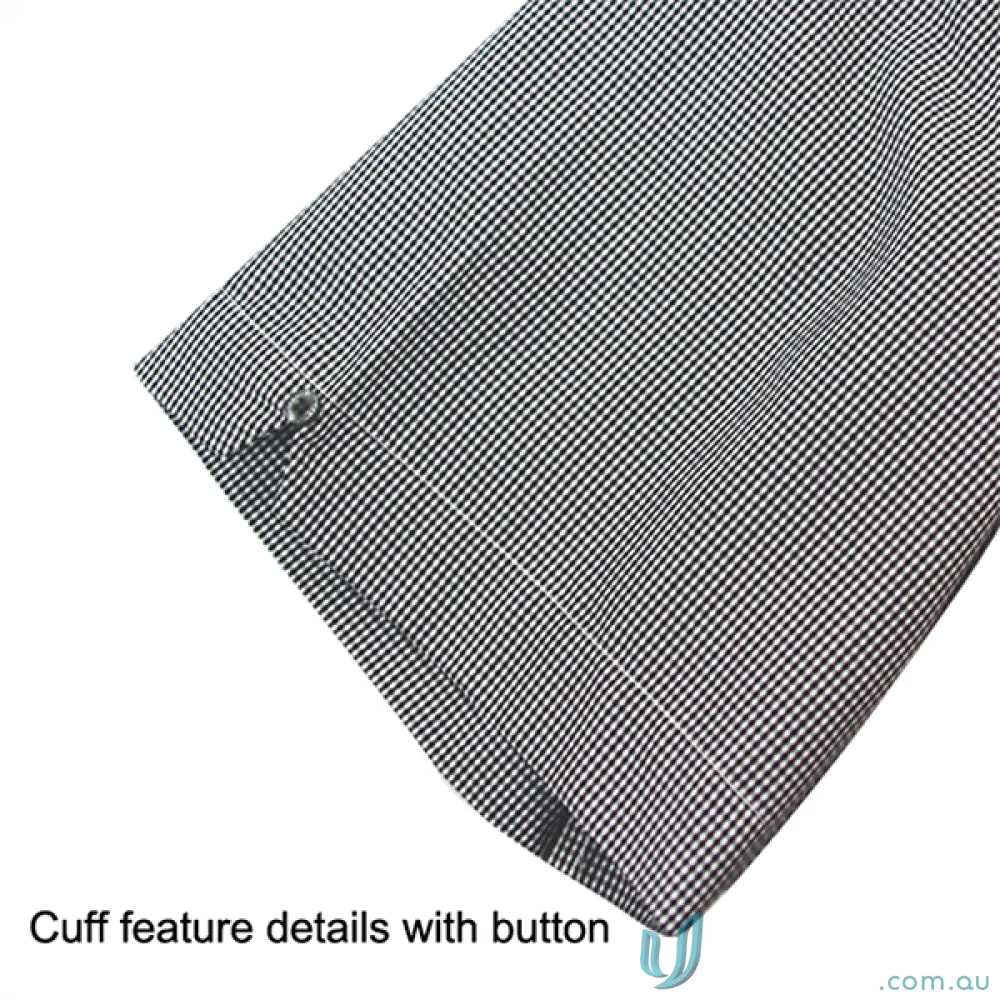 Black and white gingham men’s SS shirt from Dominion Mens with buttoned cuffs for quality workwear