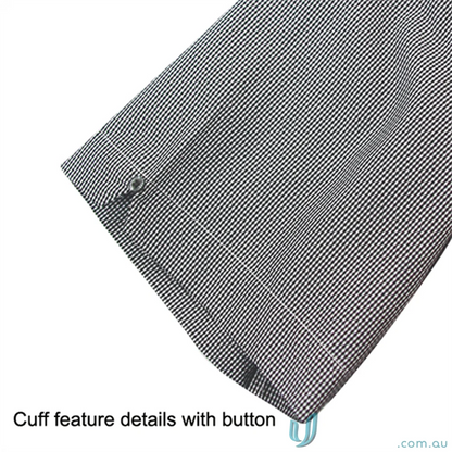 Black and white gingham men’s SS shirt from Dominion Mens with buttoned cuffs for quality workwear