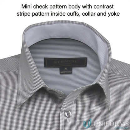 Gray mini-checkered Dominion Mens SS Shirts with striped collar for quality workwear