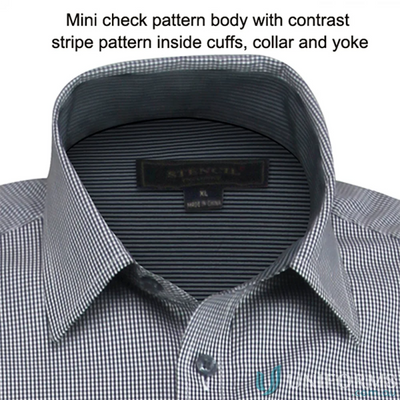 Grey and white mini check pattern Dominion Mens SS Shirts with contrasting striped collar for quality workwear