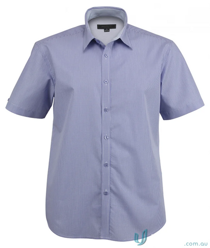 Light blue Dominion Mens SS Shirts with thin vertical stripes, perfect for quality workwear