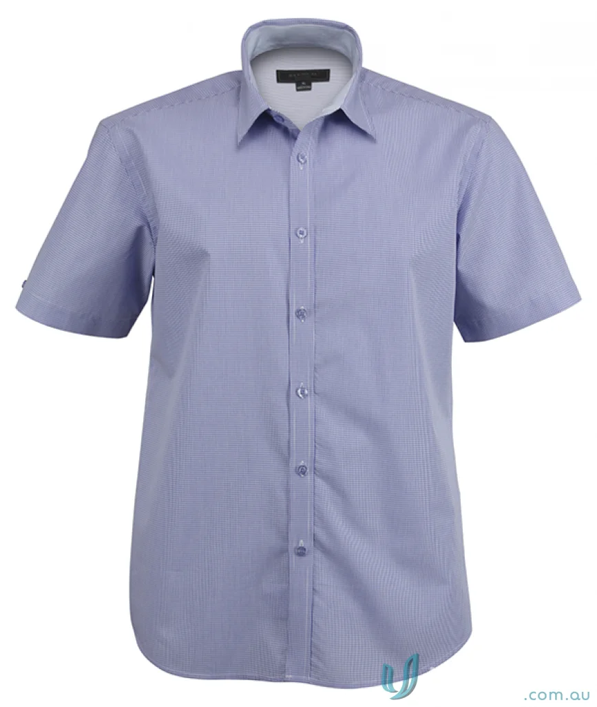 Light blue Dominion Mens SS Shirts with thin vertical stripes, perfect for quality workwear