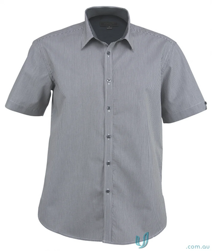 Men’s short-sleeve gray button-down shirt with white stripes from Dominion Mens SS Shirts