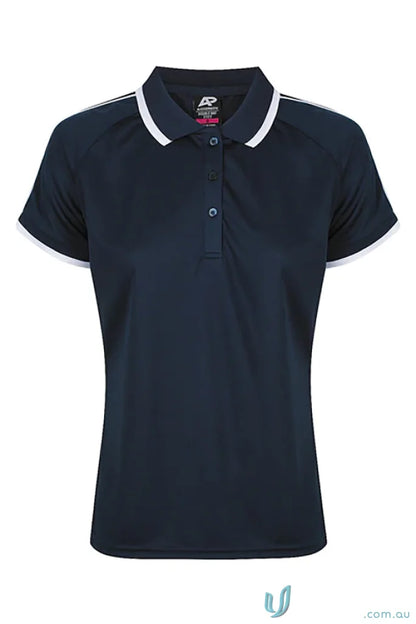 Navy blue Double Bay Lady Polos with white trim on collar and sleeves for women