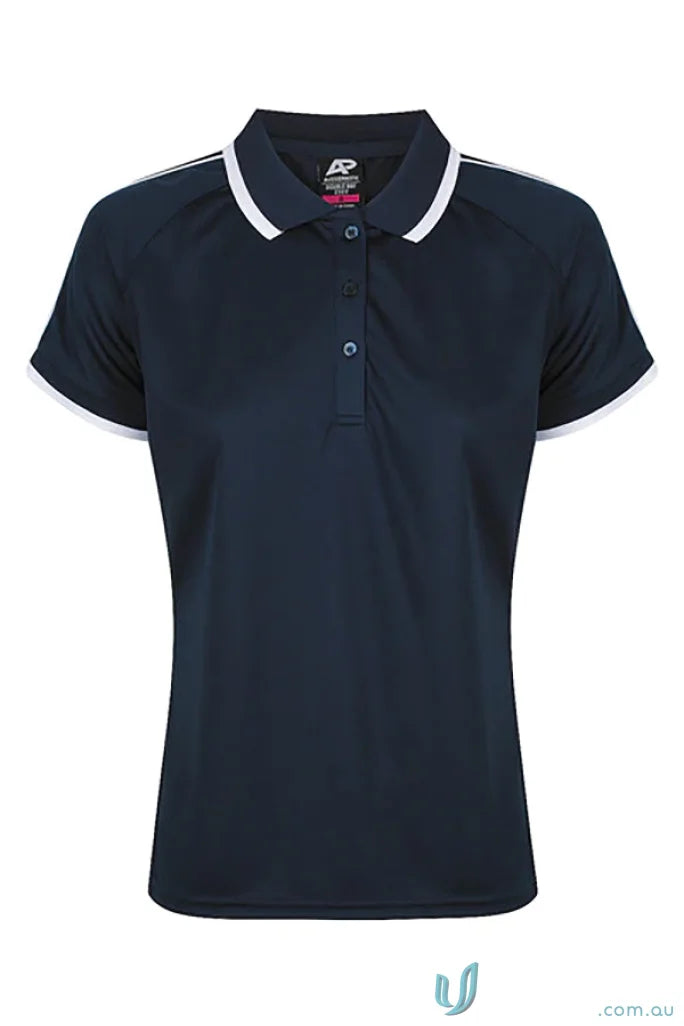 Navy blue Double Bay Lady Polos with white trim on collar and sleeves for women