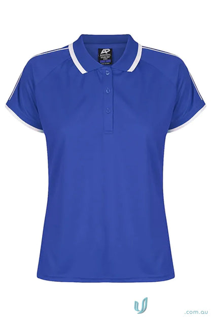 Royal blue Double Bay Lady Polos with white trim on collar and sleeves for women