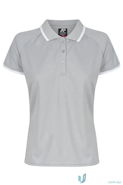 Light gray women’s short-sleeved polo shirt with white trim from Double Bay Lady Polos