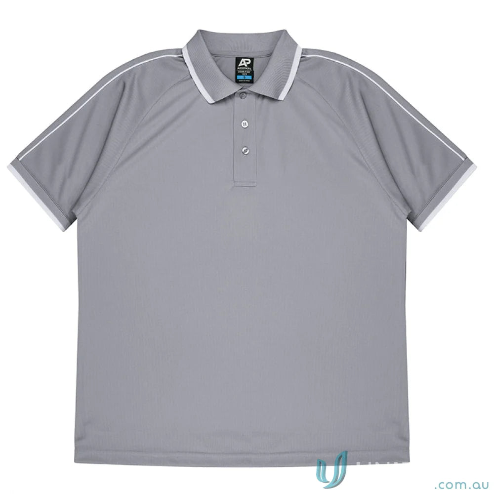 Grey short-sleeved Double Bay Mens Polos with white trim on collar and sleeves