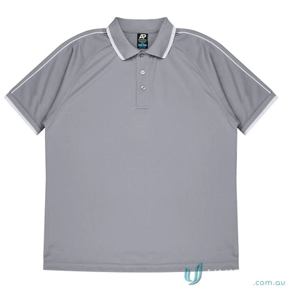 Grey short-sleeved Double Bay Mens Polos with white trim on collar and sleeves