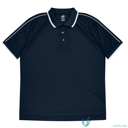 Navy blue Double Bay Mens Polos with white trim on collar and raglan sleeves