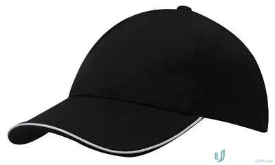 Black baseball cap with white trim made from double pique mesh and open sandwich style
