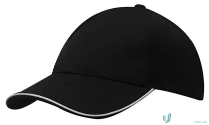 Black baseball cap with white trim made from double pique mesh and open sandwich style
