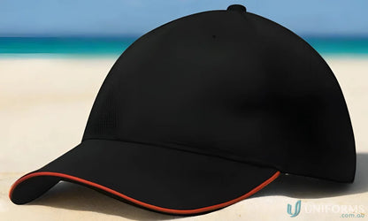 Black baseball cap with orange trim made of double pique mesh for open sandwich style coolness