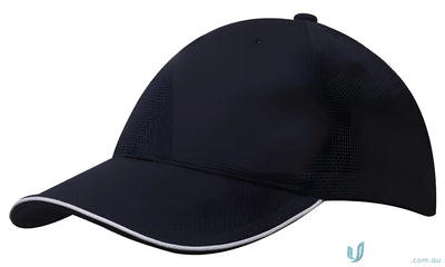 Navy blue baseball cap with white trim made of double pique mesh and open sandwich design
