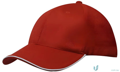 Red baseball cap with white trim made from double pique mesh and open sandwich design