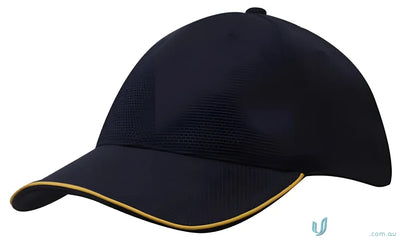 Navy baseball cap with gold trim made from Double Pique Mesh and open sandwich design