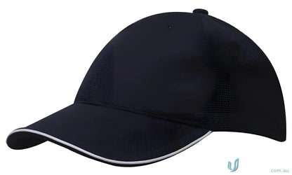 Navy blue baseball cap with white trim made of double pique mesh featuring open sandwich style