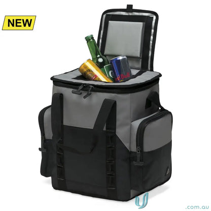 Cooler bag in steel grey and black with drinks inside for outdoor fun