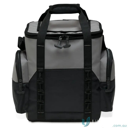 Cooler bag in steel grey and black with top handle and side pockets for outdoor use