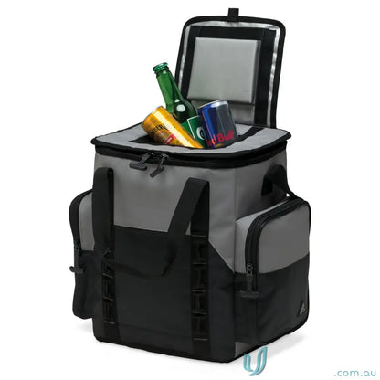 Two-tone grey black DryVault cooler bag with beverages for outdoor use