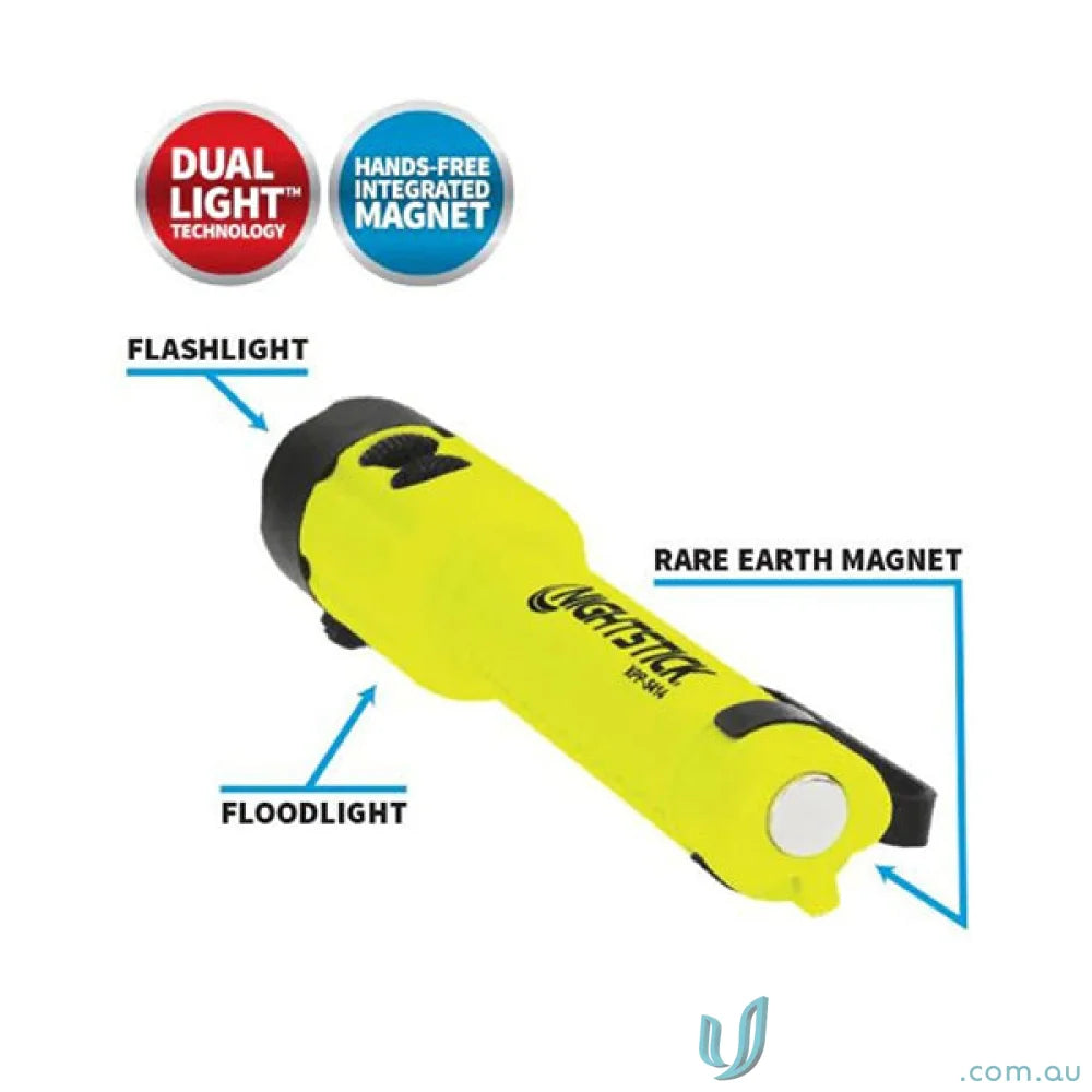 Yellow flashlight with dual light tech, magnet, and reversible pocket clip for close-up illumination