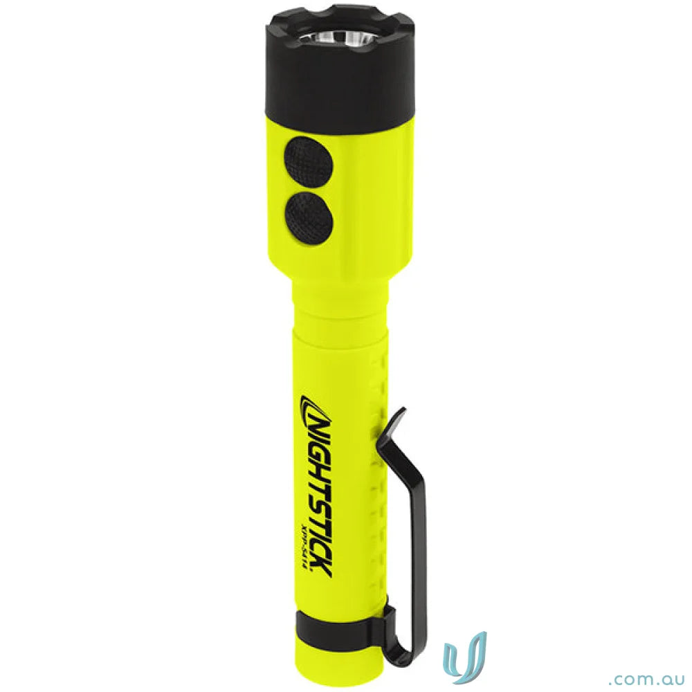 Yellow and black flashlight with reversible pocket clip and glass-filled nylon polymer for close-up illumination
