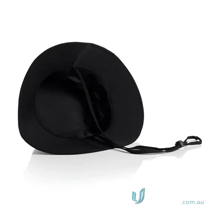 Black durable nylon wide brim bucket hat with chin strap for sun protection