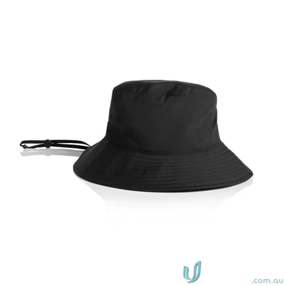 Black bucket hat with reinforced wide brim and adjustable chin strap for sun protection