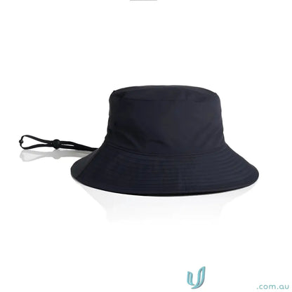 Dark blue nylon wide brim bucket hat with adjustable chin strap for sun protection