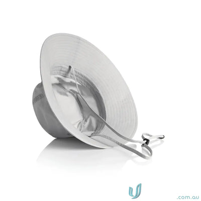 Light grey durable nylon wide brim bucket hat with chin strap and adjustable toggle