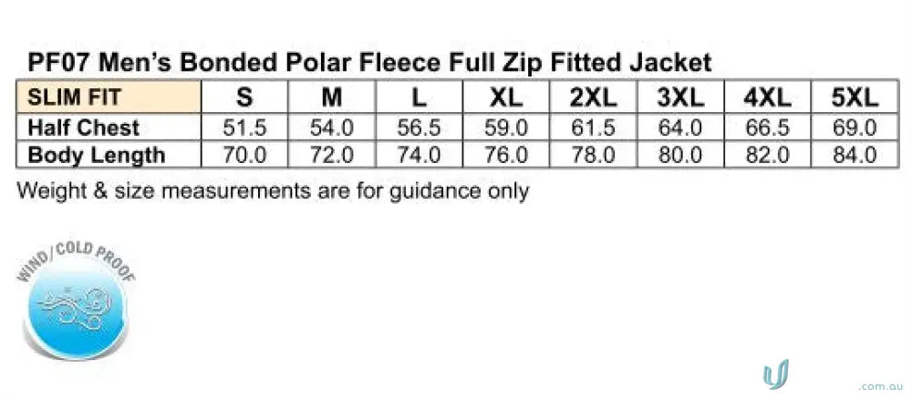 Mens jacket size chart for East Malvern ELC Mens Polar Jacket workwear uniforms
