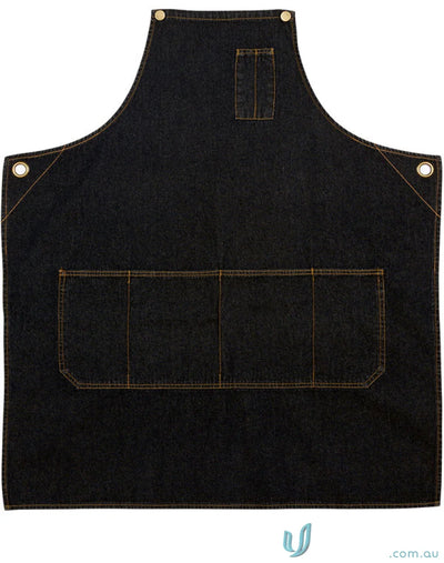 Black cotton denim apron with pockets from East Village Denim Bib Apron collection