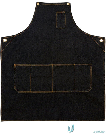 Black cotton denim apron with pockets from East Village Denim Bib Apron collection