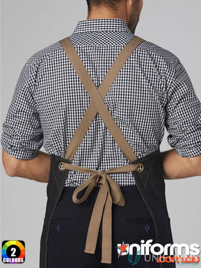 East Village Denim Bib Apron with black cotton denim and tan straps for a winning spirit east