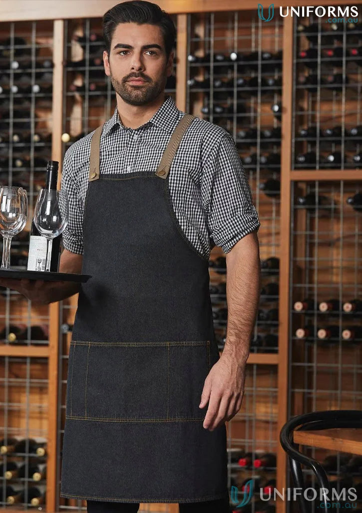 East Village Denim Bib Apron with black cotton denim and tan straps for winning spirit east