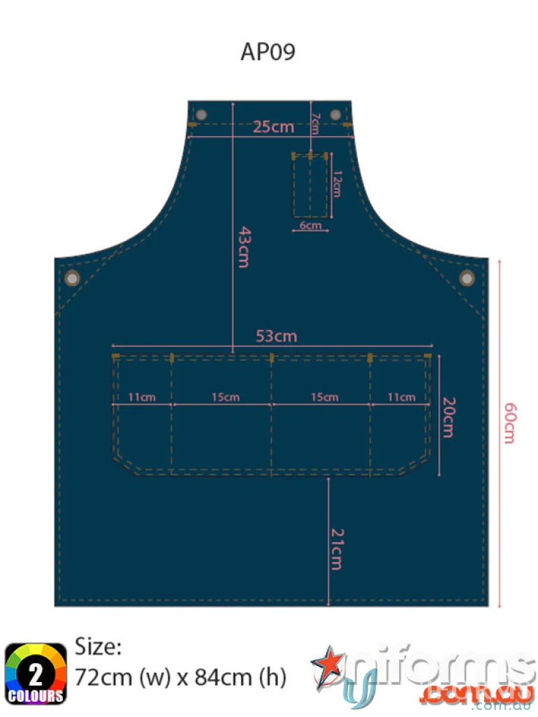 Blue apron with dimensions for East Village Denim Bib Apron made of cotton denim