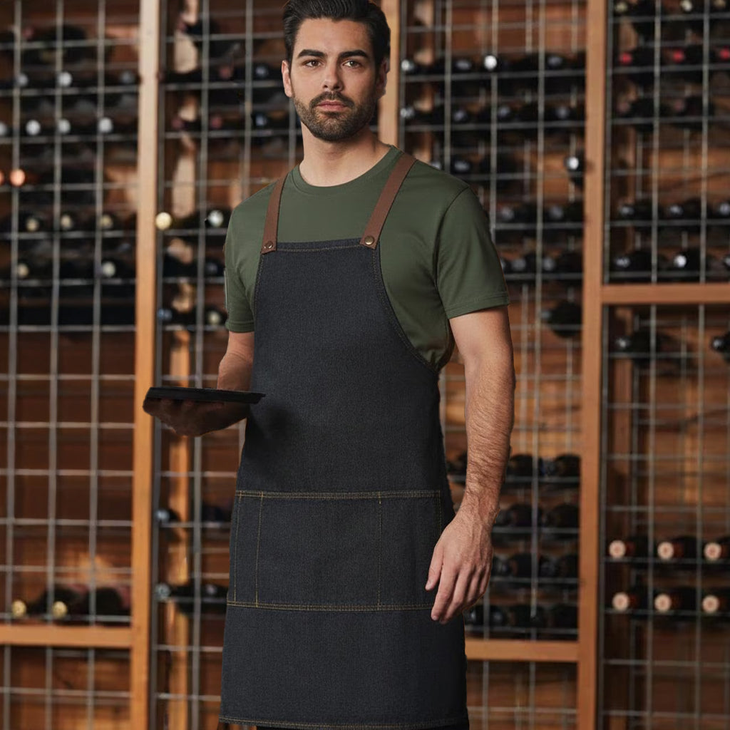 East Village Denim Bib Apron with brown leather straps and reinforced stitching