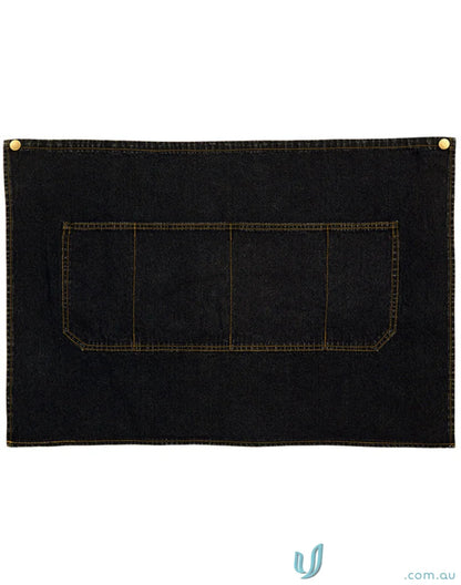 East Village Half denim apron with multi-pocket design, gold stitching, brass grommets