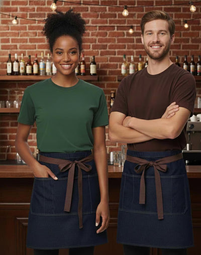East Village Half Denim Apron navy blue with brown tie belt
