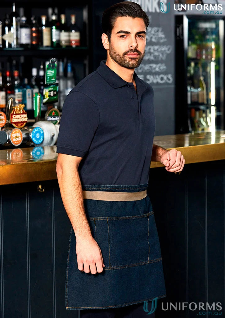 Man in navy polo and East Village Half Denim Apron AP08 M3001 for a casual look