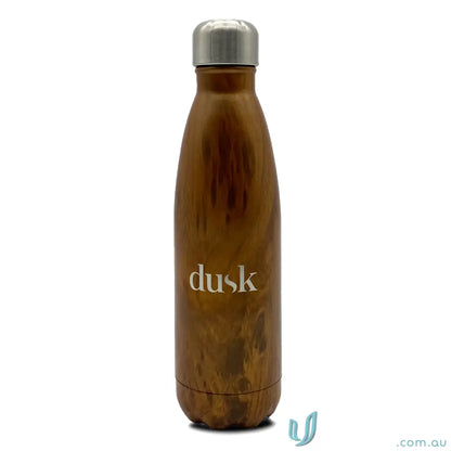 Brown metal water bottle with woodgrain finish, classic stainless steel design