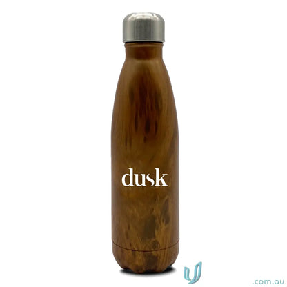 Brown metal water bottle in stainless steel with classic design and woodgrain finish