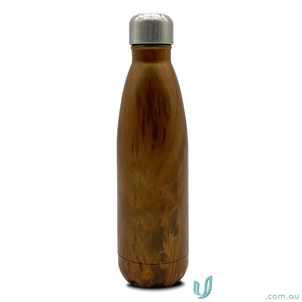 Brown metal water bottle in stainless steel with classic bottle design and woodgrain finish