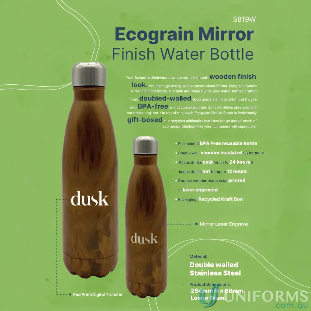 Ecograin 500ml Classic Bottle with double-walled stainless steel and woodgrain finish