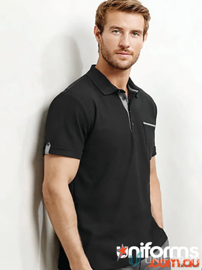 Black Edge Short Sleeve Polo from Biz Collection Men’s with Woven Check design